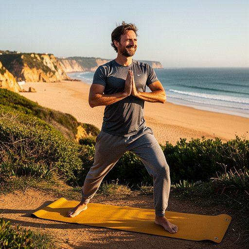 Praticante de yoga em um campo verde, realizando uma pose de equilíbrio com um fundo de montanhas.